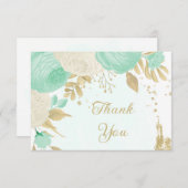 ミントグリーンと白の花のゴールドフラワーの結婚式 サンキューカード (正面/裏面)