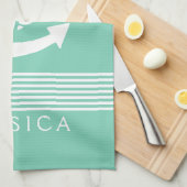 ミントグリーンと白ストライプのいかり キッチンタオル (四つ折り)