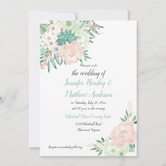 ミントグリーンと赤面水カラーフローラ結婚ズ 招待状 (正面)