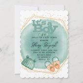 ミントグリーンと金ゴールドの赤ちゃんシャワーの男の子 招待状 (正面)