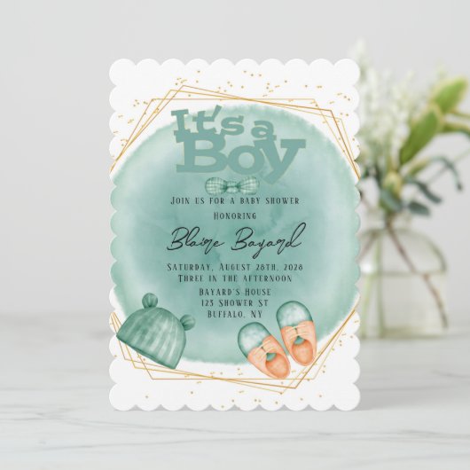 ミントグリーンと金ゴールドの赤ちゃんシャワーの男の子 招待状 (スタンド正面)