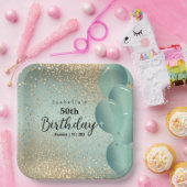 ミントグリーンと金ゴールドグリッター誕生日 ペーパープレート (パーティー)