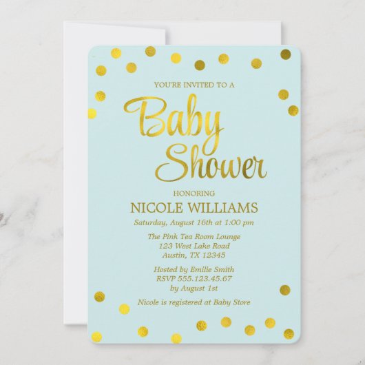 ミントグリーンと金ゴールドフェイク紙吹雪ドット赤ちゃんシャワー 招待状 (正面)