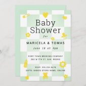 ミントグリーンと黄色の赤市松模様にちゃんシャワー 招待状 (正面/裏面)