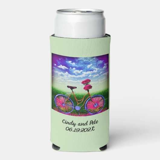 ミントグリーンにピンクの花を咲かせたファンタジー スリム缶クーラー (Seltzer正面)