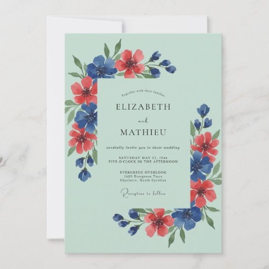 ミントグリーンのそよ風のような野の花の結婚式 招待状 (正面)