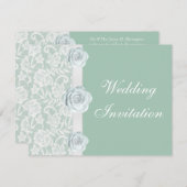 ミントグリーンのウェディング招待状 白いバラとレース 招待状 (正面/裏面)