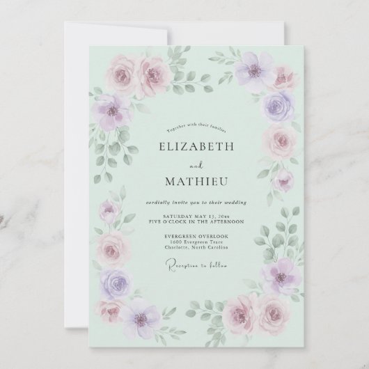 ミントグリーンのエーテルな薔薇の結婚式 招待状 (正面)