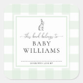 ミントグリーンのギンガムうさぎブックプレートステッカー スクエアシール (正面)