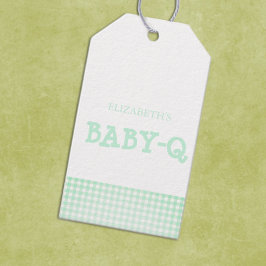 ミントグリーンのギンガムチェックのベビーシャワー「Baby-Q」 ギフトタグ