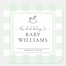 ミントグリーンのギンガム柄のロッキングホースのブックプレートステッカー スクエアシール
