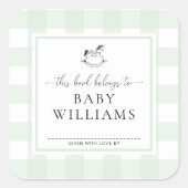 ミントグリーンのギンガム柄 ロッキングホースのブックプレートステッカー スクエアシール (正面)