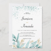 ミントグリーンのゴールドの水彩画の葉のウェディング 招待状 (正面)