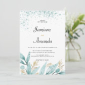 ミントグリーンのゴールドの水彩画の葉のウェディング 招待状 (スタンド正面)