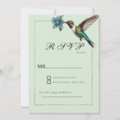 ミントグリーンのゴールドカラフルフミン鳥の出欠確認 招待状 (正面)