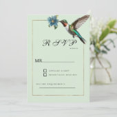 ミントグリーンのゴールドカラフルフミン鳥の出欠確認 招待状 (スタンド正面)
