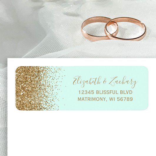 ミントグリーンのゴールドラメ 結婚式 返信先住所ラベル ラベル