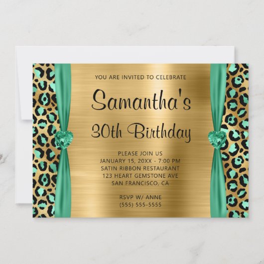 ミントグリーンのゴールドレオパード箔ハート 30歳の誕生日 招待状 (正面)