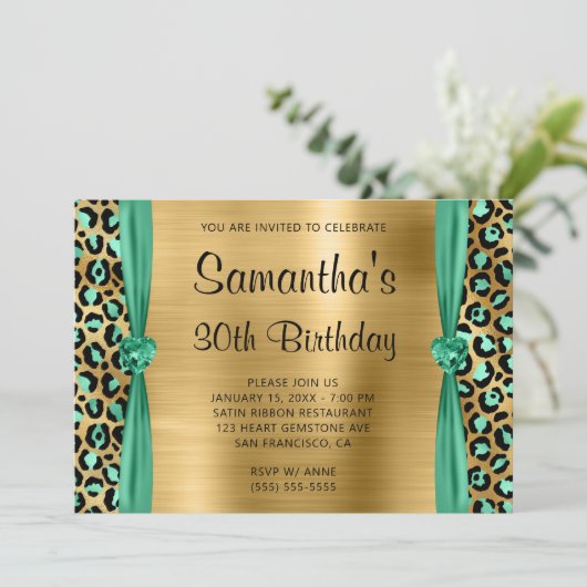 ミントグリーンのゴールドレオパード箔ハート 30歳の誕生日 招待状 (スタンド正面)