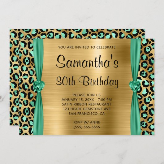 ミントグリーンのゴールドレオパード箔ハート 30歳の誕生日 招待状 (正面/裏面)