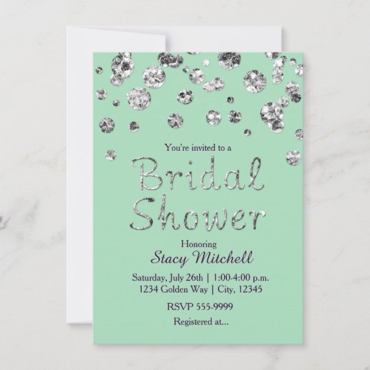 ミントグリーンのシルバーグリッターの結婚式二次会の招待状 招待状 (正面)