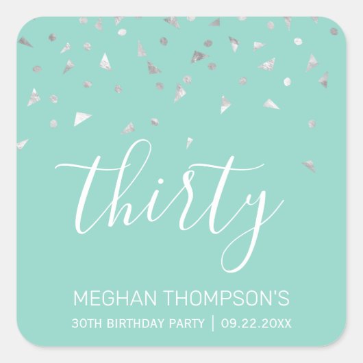 ミントグリーンのシルバー紙吹雪 30歳の誕生日 スクエアシール (正面)