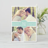 ミントグリーンのストライプ柄のSave the Dateのお知らせ 招待状 (スタンド正面)