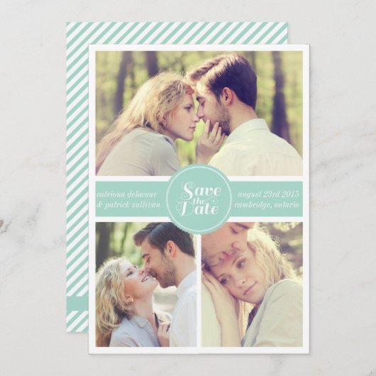ミントグリーンのストライプ柄のSave the Dateのお知らせ 招待状 (正面/裏面)