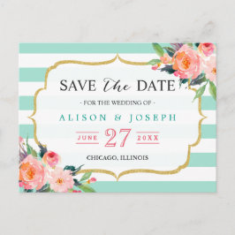 ミントグリーンのストライプ ボタニカル フラワーの Save the Date 案内ポストカード