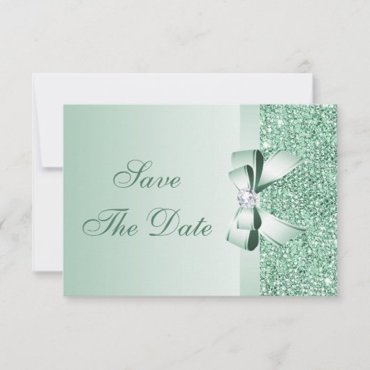 ミントグリーンのスパンコールとリボン&ダイヤモンドのSave the Date ウェディング セーブザデート (正面)