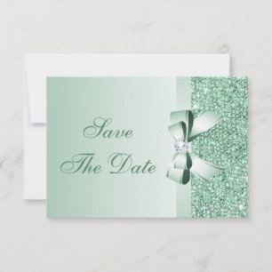 ミントグリーンのスパンコールとリボン＆ダイヤモンドのSave the Date ウェディング セーブザデート