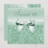 ミントグリーンのスパンコール、リボン＆ダイヤモンドのスイート16 招待状 (正面/裏面)