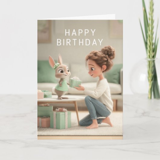 ミントグリーンのドレスの女性とウサギの赤ちゃんの誕生日 カード (正面)