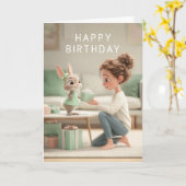 ミントグリーンのドレスの女性とウサギの赤ちゃんの誕生日 カード (黄色い花)