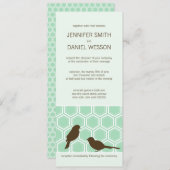 ミントグリーンのハニカムパターンとラブバード 招待状 (正面/裏面)