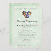 ミントグリーンのハート形の羽結婚毛 招待状 (正面/裏面)