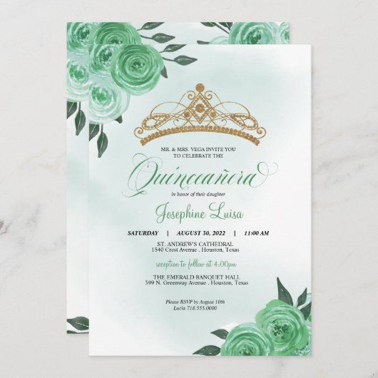 ミントグリーンのバラとゴールドのティアラのキンセアニエラ誕生日 招待状 (正面/裏面)