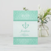 ミントグリーンのフルール・ド・リス形式の結婚式出欠確認 招待状 (スタンド正面)