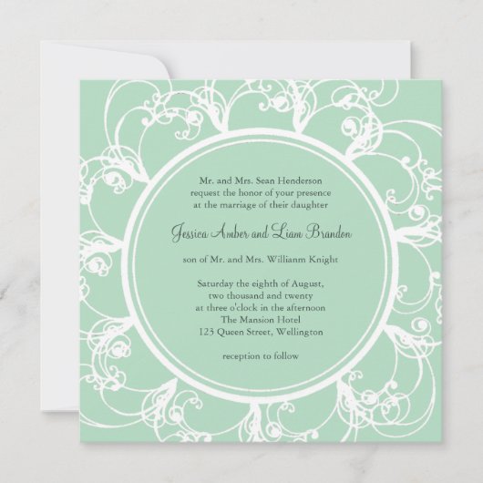 ミントグリーンのフレッシュな花柄の結婚式招待状 招待状 (正面)