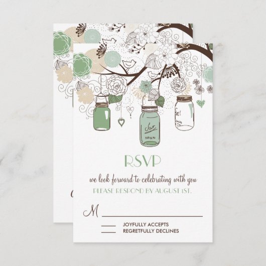 ミントグリーンのメイソンジャー 結婚式の出欠確認カード 出欠カード (正面/裏面)