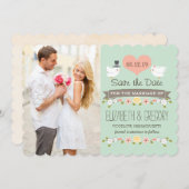 ミントグリーンのラブバード ウェディング セーブ・ザ・デート カード (正面/裏面)