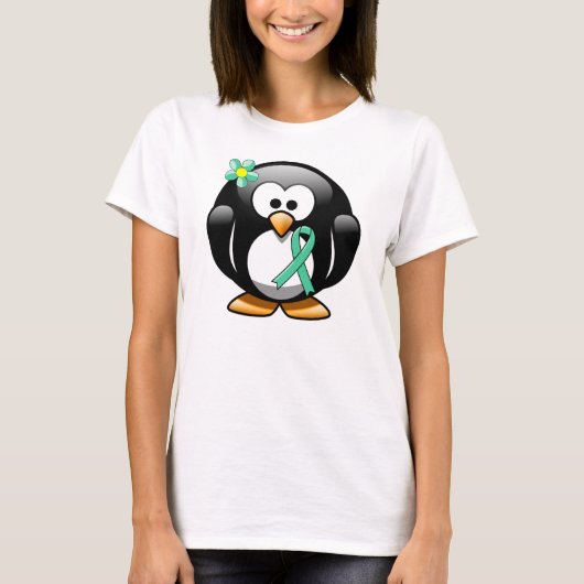 ミントグリーンのリボンのペンギン Tシャツ (正面)