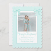 ミントグリーンのリボン パーソナライズされたクリスマスの写真 シーズンカード (正面)