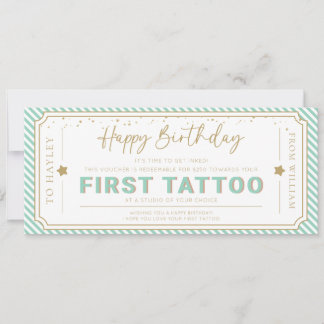 ミントグリーンの初めてのタトゥーの誕生日ギフトバウチャー 招待状