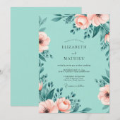 ミントグリーンの幻想的な花のウェディング 招待状 (正面/裏面)
