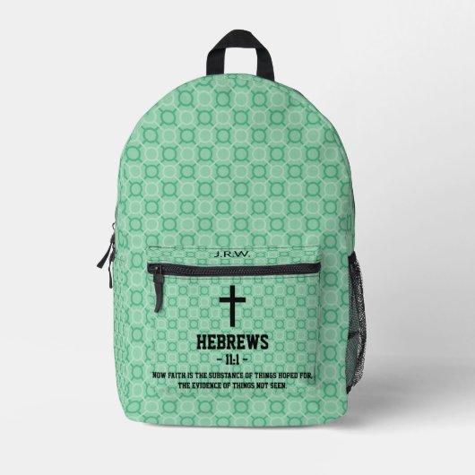 ミントグリーンの柄 聖書 章 節 キリスト教 プリントバックパック (正面)