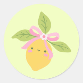 ミントグリーンの柑橘類の果物に描かれたキュートなレモンのイラスト ラウンドシール