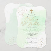 ミントグリーンの水彩画　洗礼+1歳誕生日 招待状 (正面/裏面)