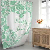 ミントグリーンの海の生き物 カップル ハート モノグラム シャワーカーテン