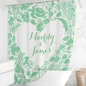 ミントグリーンの海の生き物 カップル ハート モノグラム シャワーカーテン